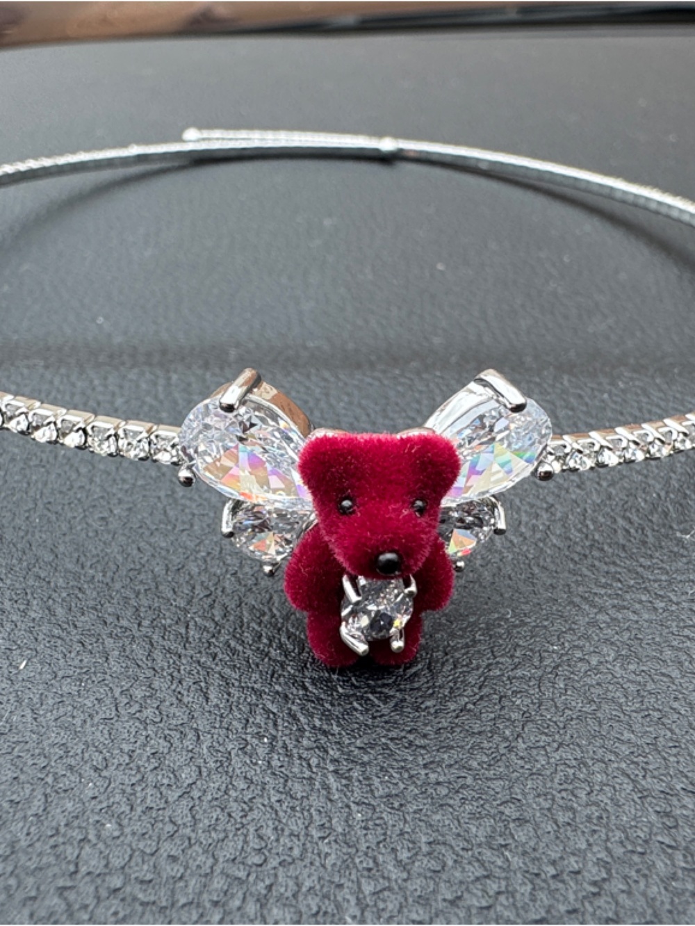 Silver Crystal choker with Burgundy Velvet Teddy